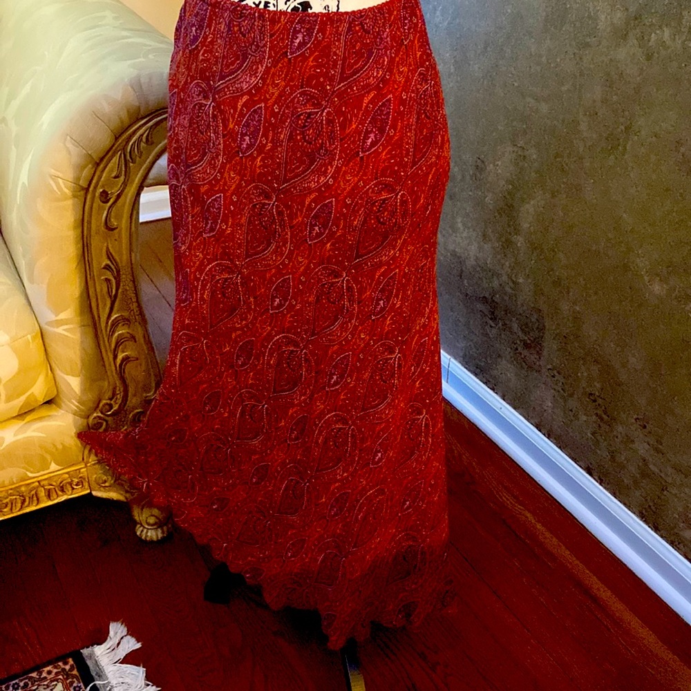 Long multi-colored paisley skirt with red and cranberry undertones